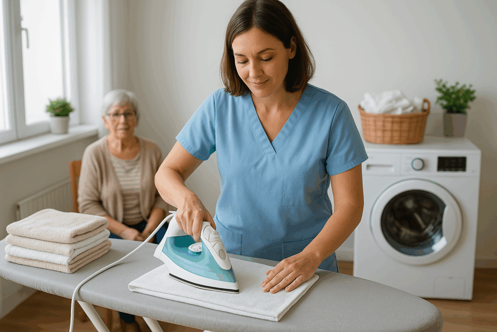 Aide-soignante repassant du linge près d'une personne âgée.